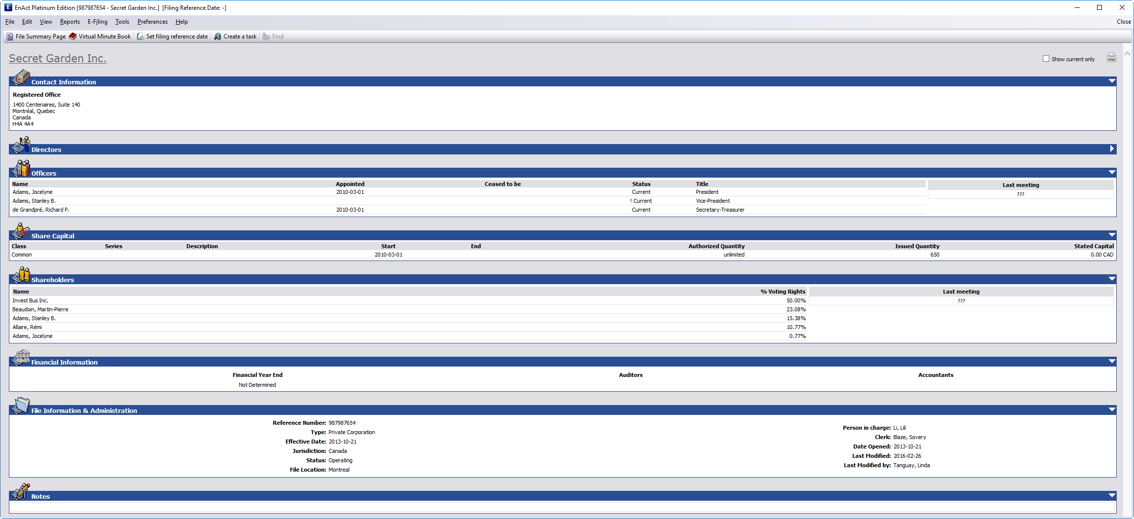 An EnAct Platinum file summary page, showing officers, share capital and shareholders for an entity