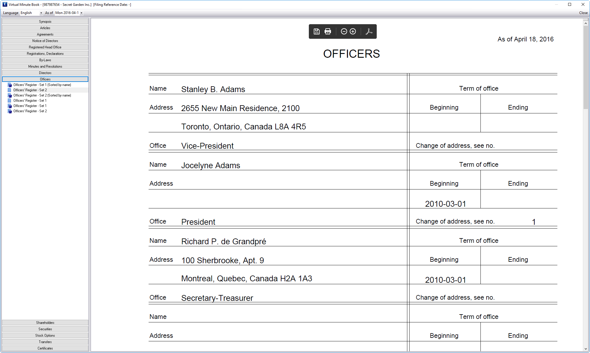 An EnAct Virtual Minute Book, with the officers' register open at a reference date